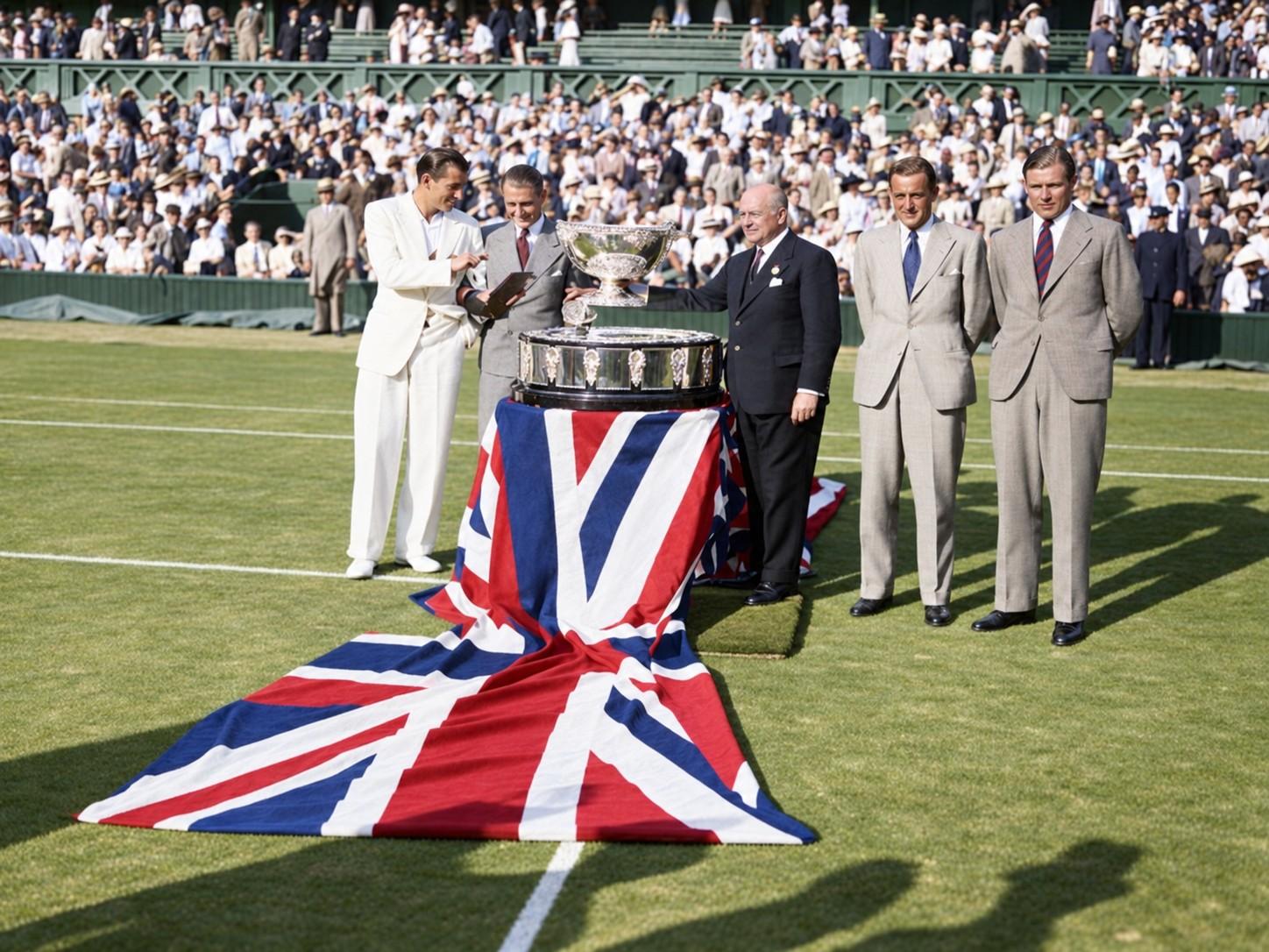 Fred Perry et l'équipe britannique autour de la Coupe Davis à Wimbledon en 1935