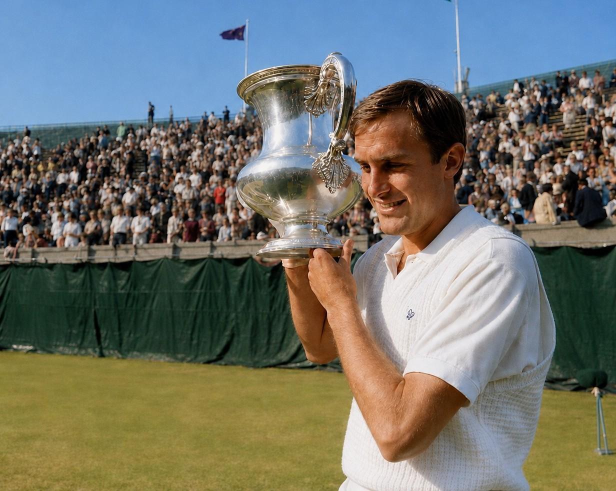 John Newcombe avec le trophée des US Championships en 1967