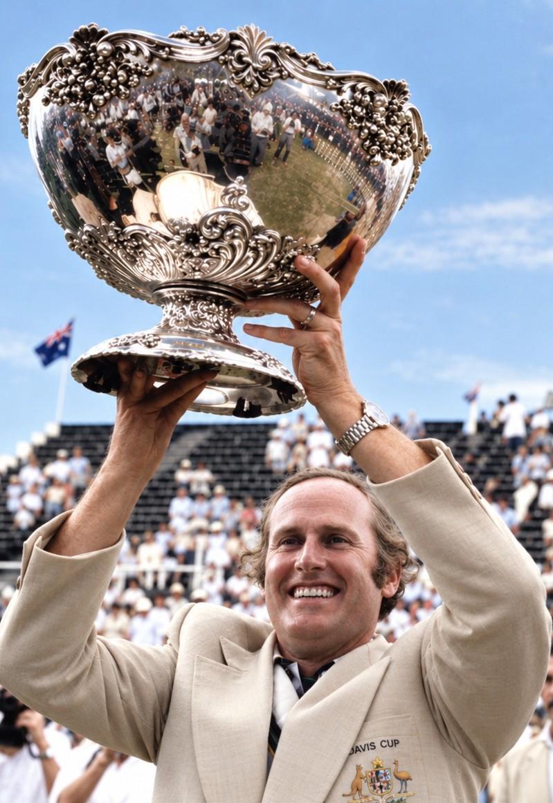 Neale Fraser avec la Coupe Davis en 1977