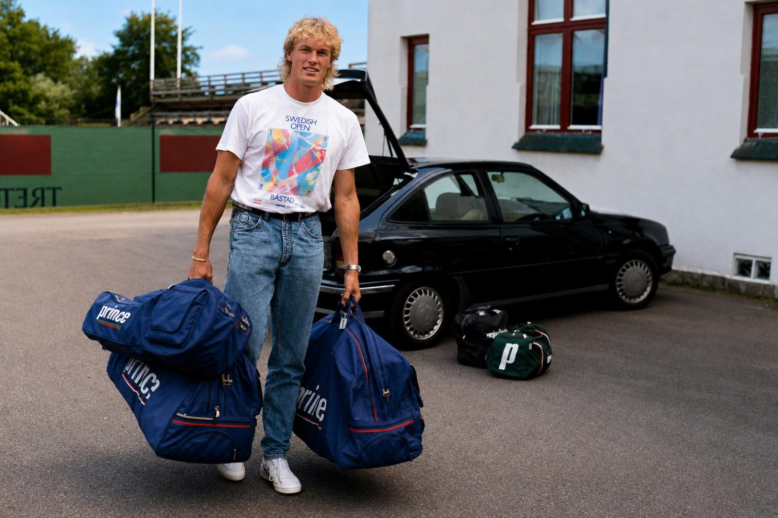 Kent Carlsson avec ses sacs de tennis en 1990