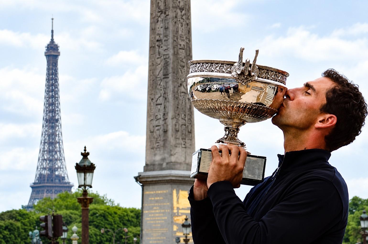 Albert Costa embrasse la Coupe des Mousquetaires devant la tour Eiffel en 2002