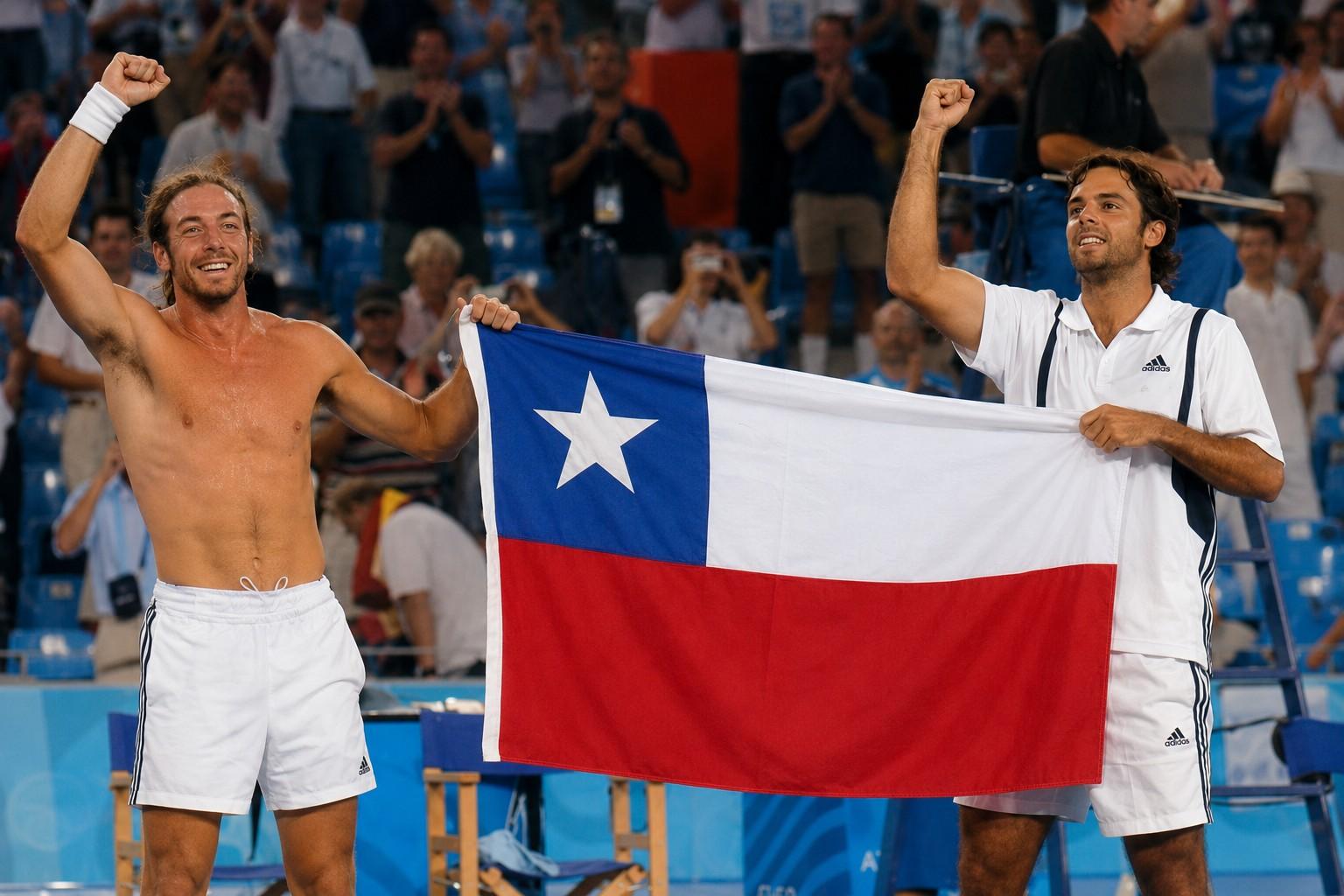 Nicolas Massu et Fernando Gonzalez avec le drapeau chilien aux Jeux olympiques d'Athènes en 2004