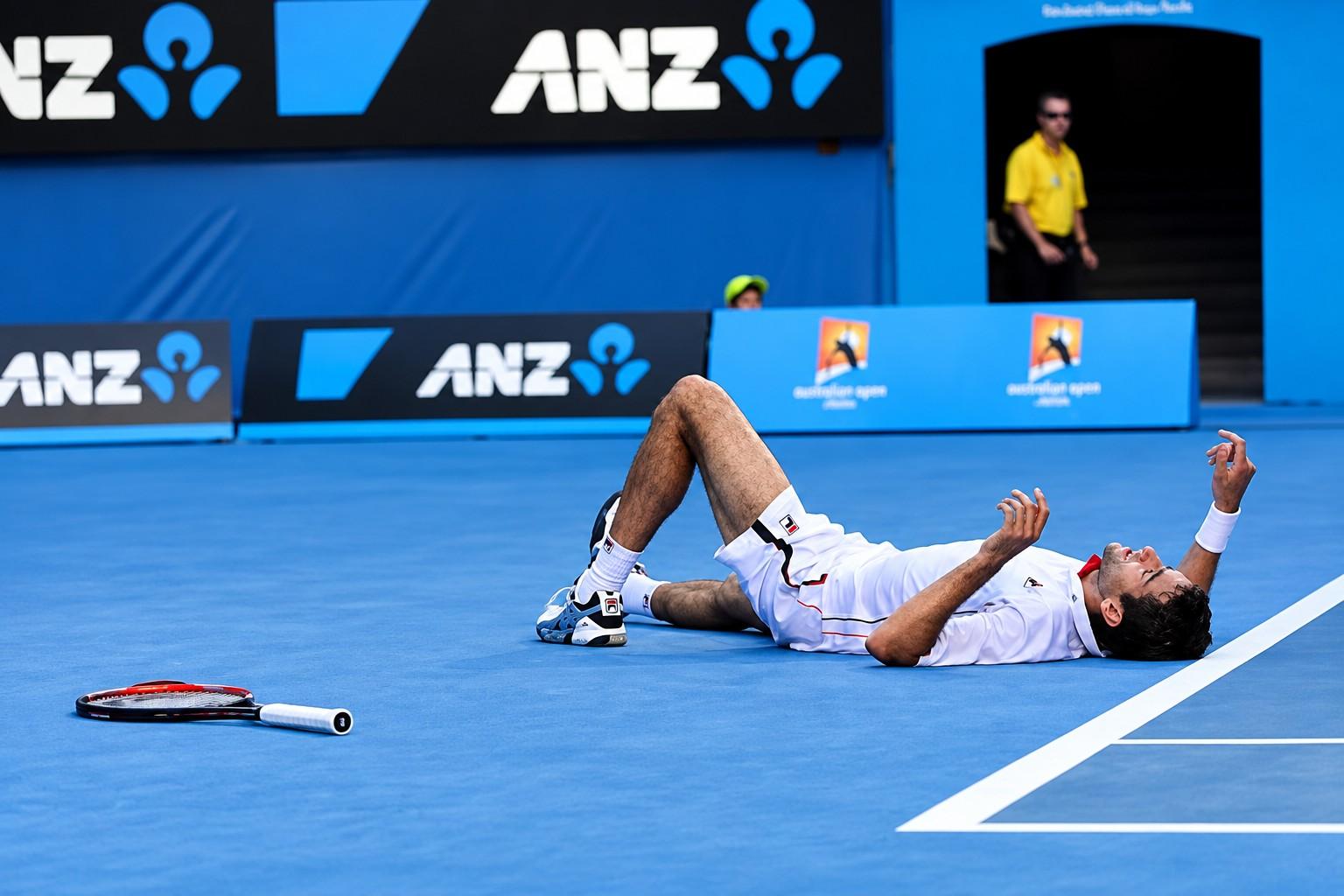 Marin Cilic célèbre sa victoire contre Andy Roddick à l'Open d'Australie 2010