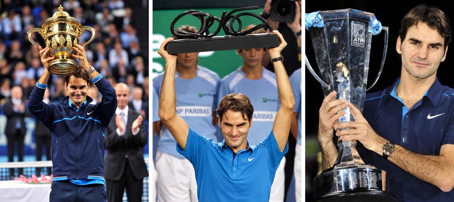 Roger Federer avec des trophées en fin de saison 2011