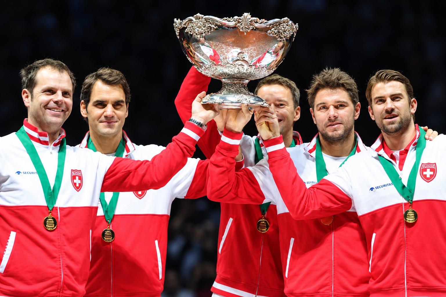 Roger Federer avec l'équipe suisse de Coupe Davis en 2014