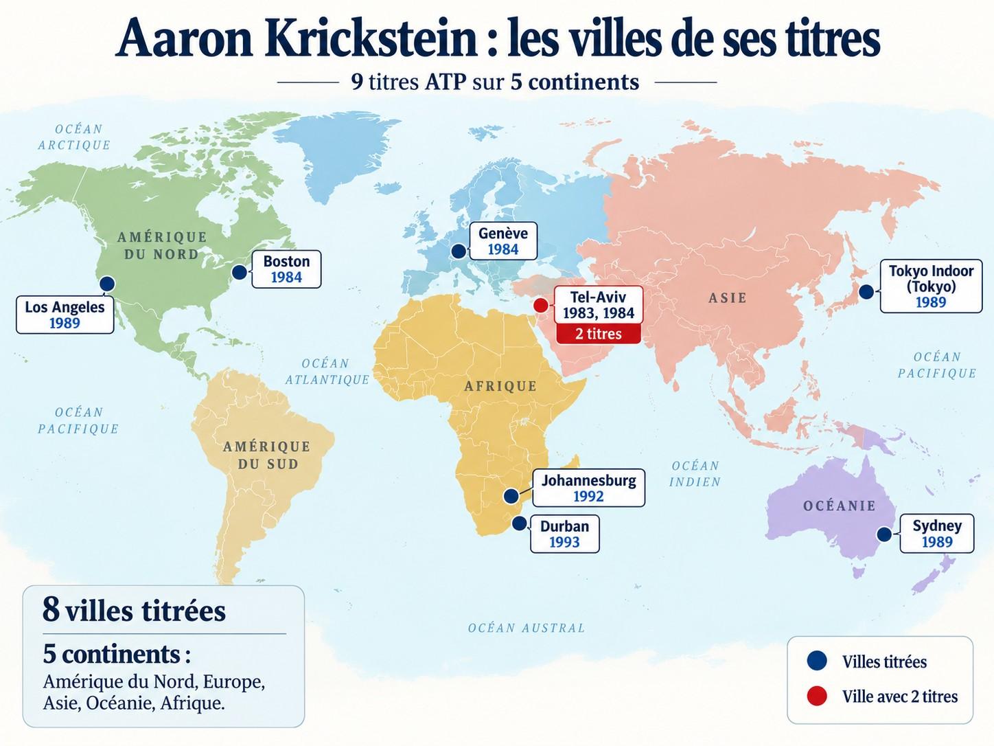Carte des villes des neuf titres ATP d'Aaron Krickstein