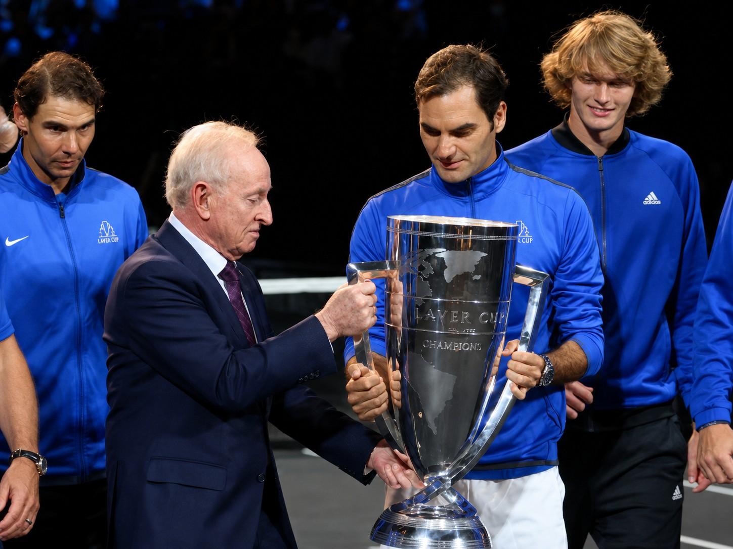 Rod Laver avec Roger Federer, Rafael Nadal et Alexander Zverev lors de la Laver Cup