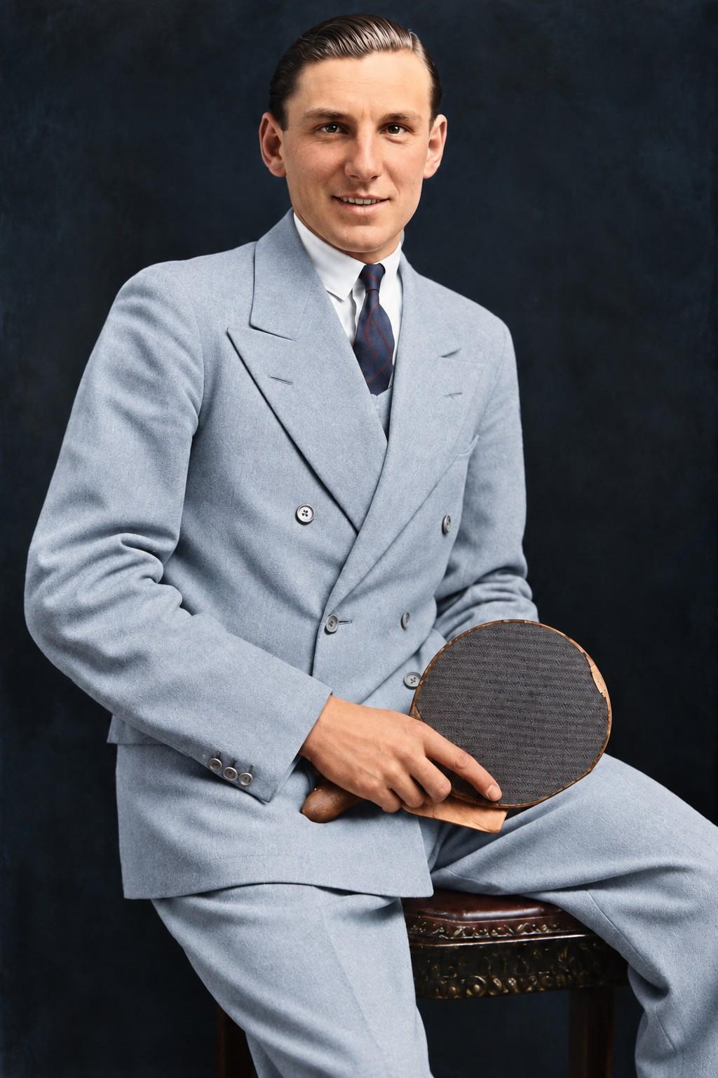 Fred Perry avec une raquette de tennis de table